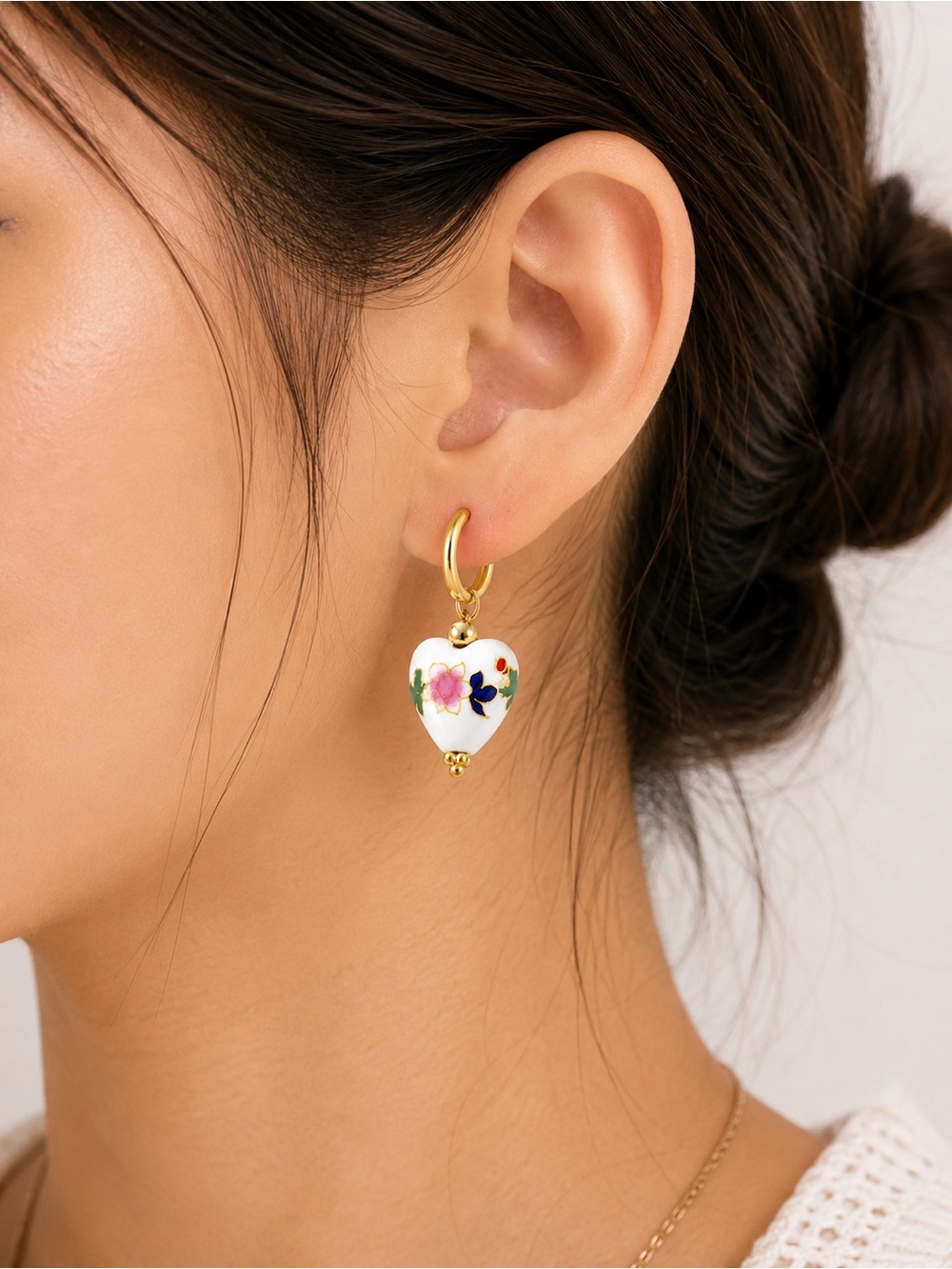 Porcelain Floral Heart Huggie Earrings on Gold Hypoallergenic Stainless Steel - Picture 3 of 3